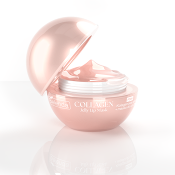 Bielenda Collagen Jelly Lip Mask w otwieranym, lśniącym różowo-złotym opakowaniu, widoczna różowa masa żelowa.