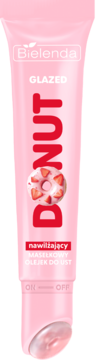 Bielenda Glazed Donut nawilżający olejek do ust, różowa tubka z czerwonym napisem i pączkiem.
