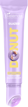 Bielenda GLZED DONUT regenerujący maselkowy olejek do ust w fioletowej tubce z grafiką pączka, widok z przodu.