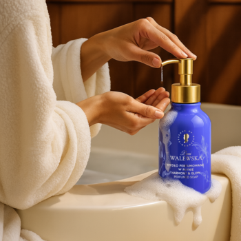 Kobieta w białym szlafroku dozuje niebieskie mydło w płynie Pani Walewska Harmony & Glow z złotą pompką do wanny.