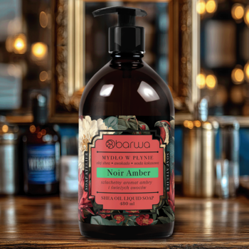 Barwa Noir Amber mydło w płynie, ciemna butelka z czarną pompką, etykieta z motywem kwiatowym, widok z przodu.