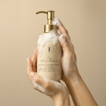 Pani Walewska RELAX & GLOW perfumowane mydło w płynie, złota pompka. Ręce pokryte kremową pianą trzymają butelkę.
