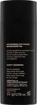 Tył czarnego opakowania Hairmate do zagęszczania włosów z instrukcjami bezpieczeństwa i wagą 22g/0.78oz.