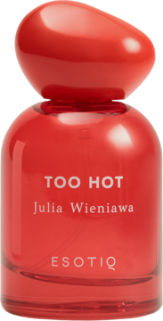 Czerwony flakon perfum "TOO HOT" Julia Wieniawa ESOTIQ, widok z przodu, z połyskującą, zaokrągloną zakrętką.