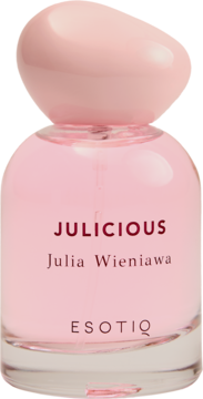 Różowa butelka perfum Julicious Julia Wieniawa ESOTIQ, okrągła z błyszczącą zakrętką, widok z przodu.