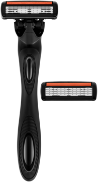 Czarna maszynka BIC Hybrid Flex 4 z pomarańczowym wkładem, stojąca obok zapasowego wkładu 4-ostrzowego.