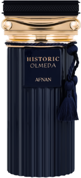 Flakon perfum Historic Olmeda Afnan, ciemnogranatowy, żłobiony, ze złotą nakrętką w stylu kolumny i granatowym chwostem.