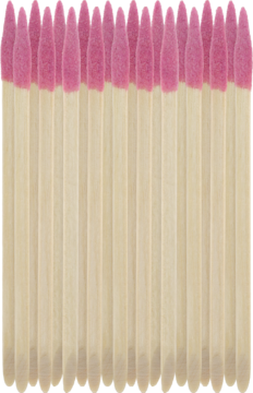 Rządki drewnianych patyczków z fuksjowymi, spiczastymi końcówkami do manicure, widok z przodu.