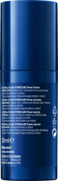 Tył niebieskiej butelki NIVEA MEN Hydrocare Power Serum 30ml z kwasem hialuronowym, widoczne etykiety i składniki.