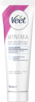 Veet Minima krem do depilacji w białej tubce z różowym akcentem, na strefy bikini i pachy, 88% naturalnych składników, 100ml, widok z przodu.