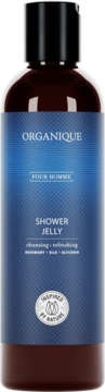 Organique Pour Homme Shower Jelly w ciemnej butelce z niebieską etykietą, widok z przodu. Z rozmarynem i jedwabiem.