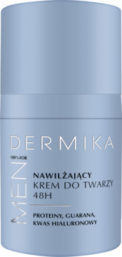 Dermika Men krem nawilżający 48H z proteinami, guaraną, kwasem hialuronowym. Jasnoniebieska butelka, przód.