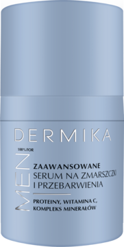 Serum Dermika 100% for Men na zmarszczki i przebarwienia, z proteinami i wit. C, jasnoniebieska butelka.