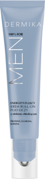 Jasnobłękitna tubka DERMIKA 100% MEN, energetyzujący krem roll-on pod oczy z chłodzącym aplikatorem, przód.