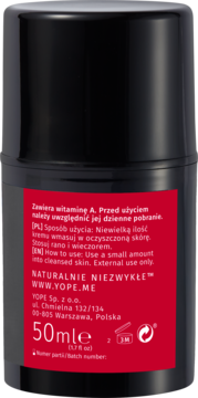 Tył czarnego cylindrycznego opakowania kremu Yope z witaminą A, z czerwoną etykietą i białym tekstem, 50ml.
