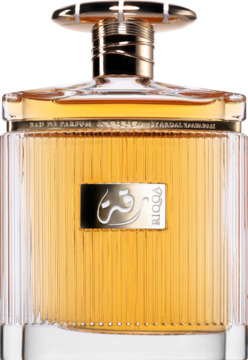 Ard Al Zaafaran Riqqa, woda perfumowana w złotej, prążkowanej butelce z metalowym korkiem, widok frontalny.