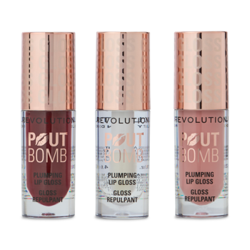 Zestaw 3 błyszczyków Revolution Pout Bomb Plumping: Berry Mauve, Clear, Candy Nude Pink, widok z przodu.