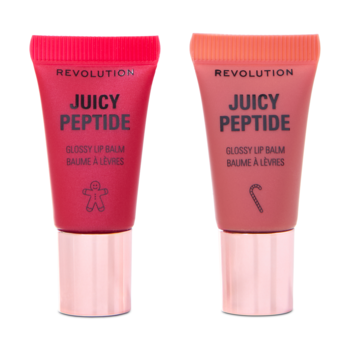 Zestaw Revolution Juicy Peptide Glossy Lip Balm, dwa mini balsamy: czerwony Candy Cane i nude Gingerbread.
