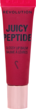 Malinowa tubka Revolution Juicy Peptide Glossy Lip Balm Candy Cane, przód, błyszczące wykończenie i mięta pieprzowa.
