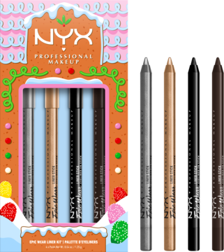 Zestaw NYX Holiday Epic Wear Liner Stick w pudełku piernikowym, widok z przodu. Zawiera 4 eyelinery: srebrny, złoty, czarny, brązowy.
