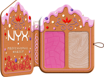 NYX Buttermelt Face Palette, otwarta paleta w kształcie piernika z różowym różem i złotym rozświetlaczem.