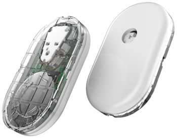 Dwa owalne inteligentne sensory: przezroczysty z widoczną płytką elektroniczną i biały z okrągłym przyciskiem.