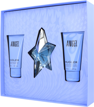 Mugler Angel zestaw: błękitna woda perfumowana w gwieździstej butelce, żel, balsam w tubkach, w pudełku.