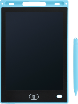 Eloy niebieski tablet graficzny LCD do rysowania z czarnym ekranem i niebieskim rysikiem, widok frontalny.