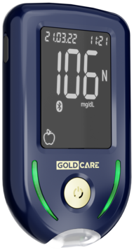 Granatowy glukometr Diagnostic Gold Care, ergonomicznym kształcie, z wyświetlaczem 106 mg/dL i złotym przyciskiem. Widok z przodu.