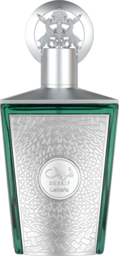 Perfumy Sherif Lattafa dla mężczyzn w zielonej butelce z bogato zdobioną srebrną płytą, widok frontalny.