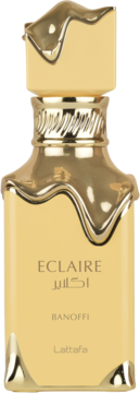 Złoty flakon perfum Lattafa Eclaire Banoffi z luksusowym wzorem topiącego się złota, widok z przodu.