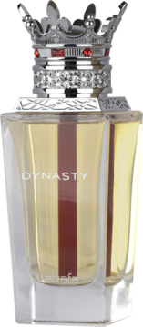 Perfumy Lattafa Dynasty unisex w eleganckiej, szklanej butelce z bursztynowym płynem, czerwoną linią i srebrną koroną, widok z przodu.