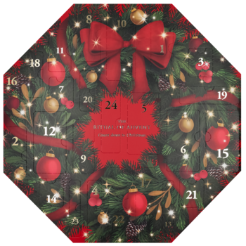Rituals Advent Calendar: zielony wieniec z czerwonymi kokardami, bombkami i numerami od 1 do 25.