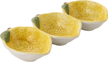 Trzy dekoracyjne, jasnożółte ceramiczne miseczki przypominające cytryny, z porowatą teksturą i zielonymi akcentami.