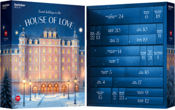 Satisfyer Deluxe 2025 kalendarz adwentowy. Niebieskie pudełko 'House of Love' z pałacem, otwarte ukazujące okienka z numerami.