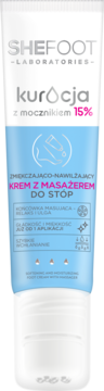 SHEFOOT kuracja do st3p, krem zmi%kczająco-nawilŲający z mocznikiem 15% i masaŴerem, biało-niebieska tubka, widok z przodu.