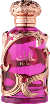 Kwiatowo-owocowe perfumy Habik Lattafa, różowy flakon z różowozłotymi zdobieniami i rubinami, widok przód.