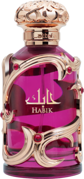 Elegancka woda perfumowana Lattafa Habik w fuksjowym flakonie, ze złotymi, ozdobnymi elementami i czerwonymi detalami.