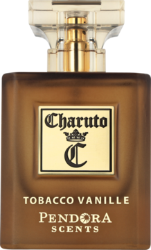 Matowa, brązowa butelka perfum Charuto Tobacco Vanille Pendora Scents, złoty korek, widok z przodu.