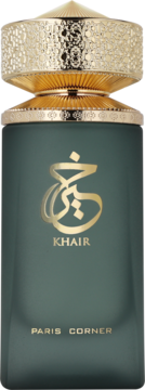 Khair Paris Corner: ciemnozielony flakon orientalno-drzewnych perfum ze złotym napisem i ozdobną nakrętką, widok z przodu.