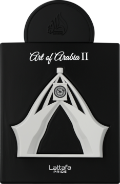 Czarne opakowanie perfum Lattafa Art of Arabia II, otwarte, ze srebrnym arabskim zdobieniem, widok z przodu.