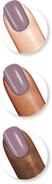 Sally Hansen Miracle Gel 270 Street Fair, liliowy lakier żelowy na palcach o trzech odcieniach skóry, połysk.