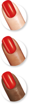Lakier do paznokci Sally Hansen Miracle Gel™ 470 Red Eye na trzech paznokciach o różnym odcieniu skóry.