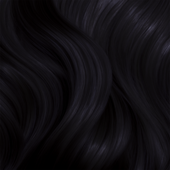 Lśniące, ciemne włosy o fioletowo-czarnym odcieniu, ułożone w miękkie fale. Widok z bliska, od góry.
