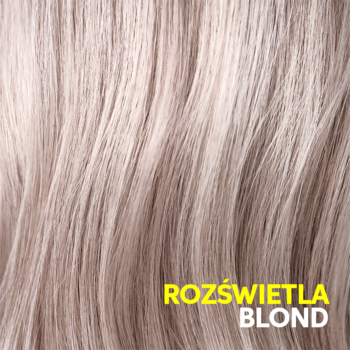 Wella Professionals Invigo Blond-Recharge. Zbliżenie na chłodne blond włosy z napisem 'ROZŚWIETLA BLOND' na dole.