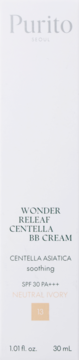 Purito Wonder Releaf Centella BB Cream Neutral Ivory 13, SPF 30, białe pudełko 30ml, widok z przodu.