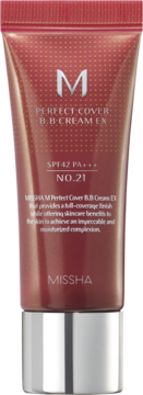 MISSHA M Perfect Cover BB Cream EX, SPF42 PA+++ No.21, w czerwono-brązowej tubce z srebrną nakrętką, widok z przodu.