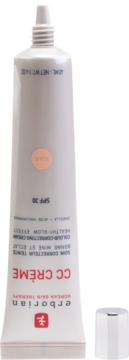 Erborian CC Créme SPF30 colour correcting Clair w kremowej tubce, z odkrytą nakrętką obok, pod kątem.