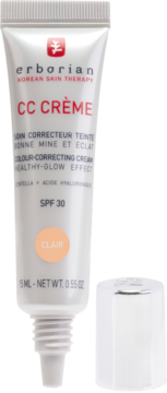 Erborian CC Crème SPF 30 Clair, biała tuba z beżowym kółkiem, otwarta nakrętka. Krem korygujący koloryt.