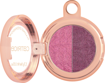 Podwójny cień Catrice Hollyglazing, otwarty, różowo-fioletowy, lustrzany, w okrągłym kompakcie z zawieszką.